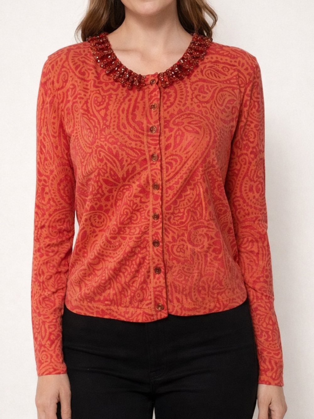 Magaschoni Orange & Pink Paisley Cardigan with Beaded Neckline size Large